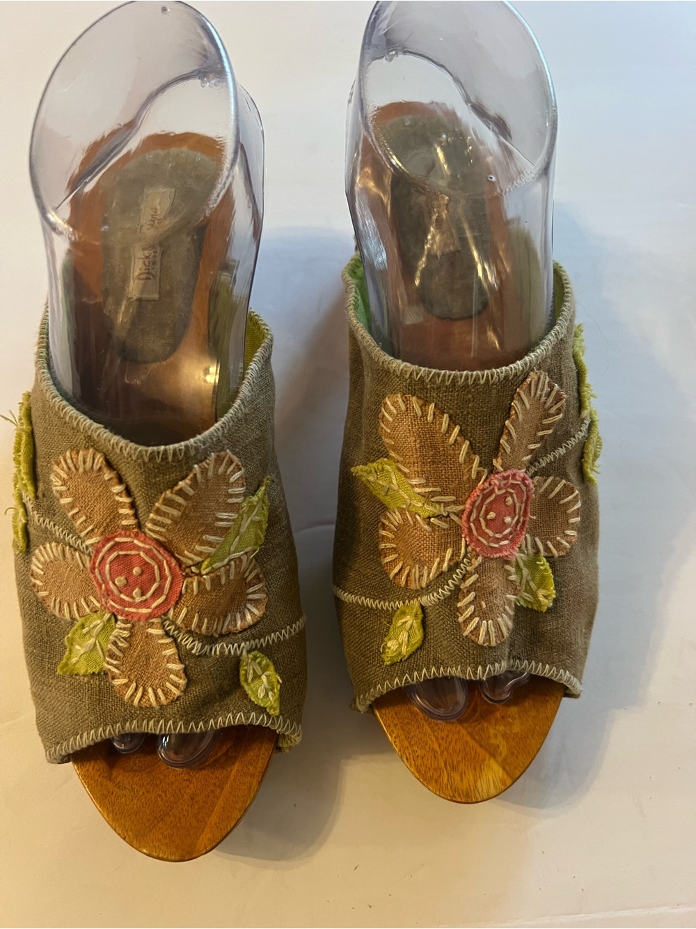 Vintage Embroidered Olive Green Floral Slide Mules
